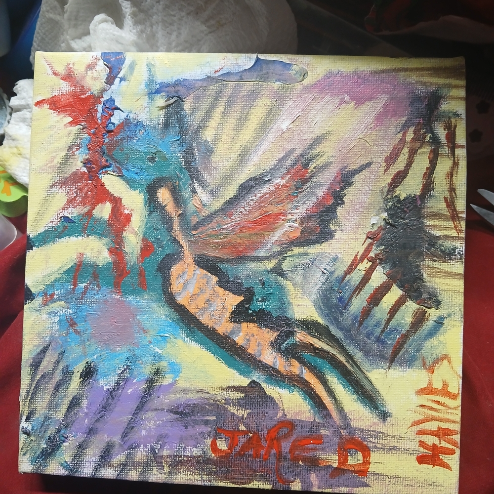 Red Multicolor Abstract Fairy Canvas with Blue and Purple Accents